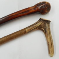2 x Walking sticks one with horn handle and hickory shaft - Sold for $61 - 2016