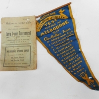 2 x pieces vintage cricketing items - 1937 Australian Cricket team pennant Diamond Jubilee test, featuring Don Bradman and Bill O'riley and Tennis boo - Sold for $73 - 2016