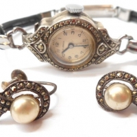 Group lot silver Marcasite - 1950's ladies Swiss cocktail watch & pair silver faux pearl screw earrings - Sold for $24 - 2016