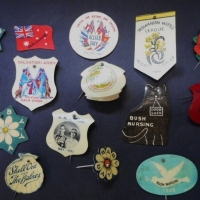 Group lot vintage celluloid badges, all with makers marks to backs, inc - Shell Out for the Babies, Bush Nursing, etc - Sold for $24 - 2016
