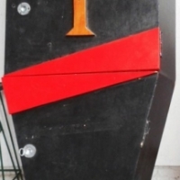 Large hand made wooden novelty coffin in red and black colours - two sectioned lid with carved cross to top - Sold for $67 - 2016