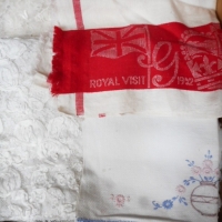 Box lot vintage fabric & napery inc - Royal visit linen tea towel, lace tablecloths, embroided napkins, etc - Sold for $49 - 2016