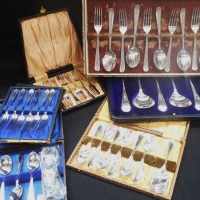 Group lot boxed Epns flatware inc - forks, spoons, etc - Sold for $61 - 2016
