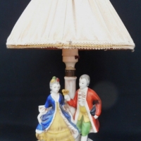 1930's Goebel figural china table lamp with cloth shade - Courting Couple, stamped & numbered to base, approx 40cm H, incl shade - Sold for $37 - 2016