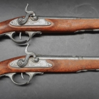 Great pair replica antique flint-lock pistols with metal fitments and wooden bodies - Sold for $61 - 2016