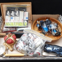 Small box lot mostly blokey items inc - 1953 Coronation souvenir Crown, pocket knives, Rotring pen with assorted nibs & accessories, sharpening stones - Sold for $27 - 2016