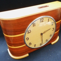 Vintage wooden veneered English mantle clock with coin slot to top & marked 'Four Florins Weekly' - Sold for $43 - 2016