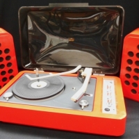 1971 retro red plastic cased Astor Rebel Record player with original speakers - model Geo 51 - Sold for $79 - 2016