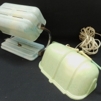 2 x Art Deco Bakelite bedside lamps - mottled pale blue free standing lamp with chrome mounts, plus mottled pale green lamp with clip on mechanism - Sold for $24 - 2016