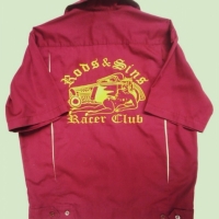 Fab Gents HOT ROD CLUB Shirt - Dress o Rama Berlin label w Embroidered RODS & SINS RACER CLUB to back, Maroon & Yellow, medium size - Sold for $55 - 2016