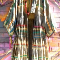 Vintage Chinese ethnic cotton long coat, ties at waist, appliqu stripes, patterns, trident to back, heavily pleated skirt, earthy tones, weighs a ton! - Sold for $159 - 2016