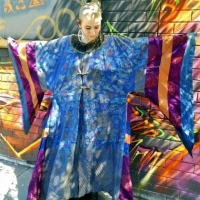 Vintage Chinese gents ceremonial coat - silk brocade, dragons, bluemauvesilverpink, very wide sleeves, side pleats in coloured silk panels  & silk pan - Sold for $61 - 2016