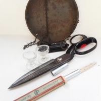 Small group lot vintage items inc - Salter pocket scale with pan, tailors scissors, eye baths, - Sold for $34 - 2016