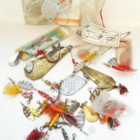 Jar and contents vintage fishing lures inc - feathers, colourful, various sizes, etc - Sold for $37 - 2016