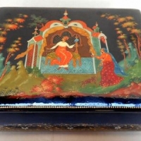 Vintage Palekh hand painted laquerware trinket box - Eastern image, signed and titled but illegible - Sold for $49 - 2016