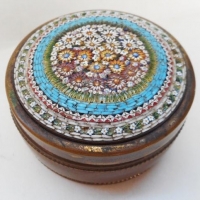 1930s round brass jewellery box with micro mosaic lid - Sold for $92 - 2016