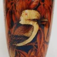 Vintage wooden pokerwork vase with image of a kookaburra perched on a gum tree - Sold for $92 - 2016