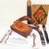 Group lot Australian & other Pokerwork & Timber craft items - Boomerangs w Hpainted designs, BILL ONUS cardboard Backing, Gumnut & Gum leaf NOTE PAD,  - Sold for $67 - 2016