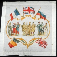 Large WWI colourful printed cotton handkerchief with flag and soldier images - Sold for $24 - 2016