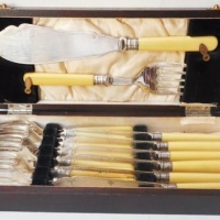 Wooden boxed vintage Fish cutlery set  - setting for 6 plus servers with celluloid handles and Sterling silver ferrules marked for Robert Fead Mosley  - Sold for $92 - 2016