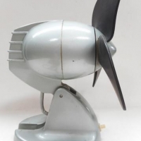 1950's GEC desk top fan - silver grey painted metal with rubber blades & Deco styling - approx 25cm H - Sold for $30 - 2016