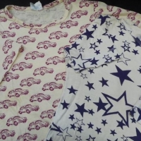 2 x Fab original 1970's RETRO T-SHIRTS - Off the Shoulder Marshall Lester London label w PURPLE STARS all over white ground + another w Pink VW BEETLE - Sold for $61 - 2016