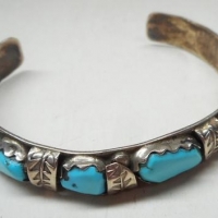 Native American Indian silver & turquoise cuff by Wayne Cheama Zuni - Sold for $110 - 2016