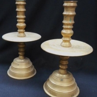 Pair tall heavy brass CANDLESTICKS w wide drip trays - Sold for $37 - 2016