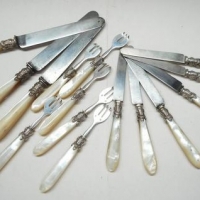 Set of French 800 Silver flatware with MOP handles inc - 6 x Oyster forks and 4 fruit knives with 800 silver blades - Sold for $244 - 2016