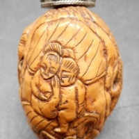 Vintage Chinese carved walnut snuff bottle with erotic scene - Sold for $30 - 2016