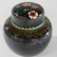Vintage Chinese cloisonn Ginger jar - black ground with floral decoration - 10cms H - Sold for $55 - 2016