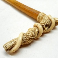 c1900 Malacca cane walking stick with carved ivory handle depicting a snake on a branch hunting birds eggs - Sold for $537 - 2016