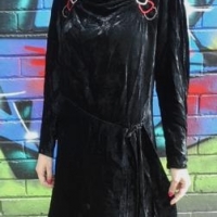 c 1920s ladies black velvet evening dress with buttons and coloured beading to gathered front, hanging belt with fringe, etc - good condition - Sold for $30 - 2016