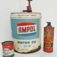 Group of Oil tins  Ampol, BP Kerosene, Shell Pennant Kerso and Esso Grease - Sold for $49 - 2016