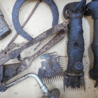 Group of vintage  tools including two pair of mechanical Australian sheep shears, rabbit trap etc - Sold for $37 - 2016