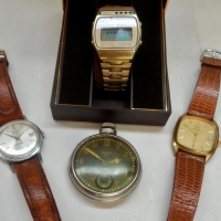 Small group lot of gents watches including Westclox Fob, Seiko solar powered, Geneve and Gis Co watch - Sold for $55 - 2016