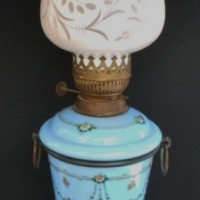 Victorian oil lamp with blue glass font painted with garlands and butterflies in enamel with pink cameo glass shade - Sold for $73 - 2016