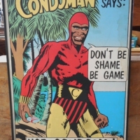 Vintage CONDOMAN Poster - Don't Be Shame Be Game - Use Condoms - Sold for $73 - 2016