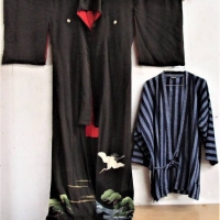 (1) 3 x pieces Vintage Japanese clothing - Fab black KIMONO w Storks & landscape design to lower + short tie up Jacket - Sold for $43 - 2018