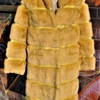 1960s yellow lapin fur knee length coat, horizontal leather and fur stripes, fully lined, hook and eye close - Sold for $81 - 2018