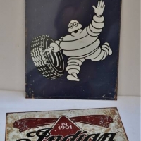 2 x Metal signs - Michelin Man and Indian Motorcycle genuine Parts and accessories - Sold for $37 - 2018