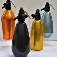 4 x mid-century anodised metal soda syphon bottles incl Lehfi, Hungary, etc - Sold for $37 - 2018
