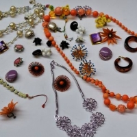 Box lot 1950s + costume jewellery - large colourful plastic earrings, necklaces, glass floral necklace, etc - Sold for $25 - 2018