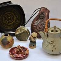 Group lot - Post War Australian Studio & other Pottery - JACKMAN Vase, Kookaburra Pie Funnel, teapot, small Casey Ware Sombrero, etc - Sold for $25 - 2018