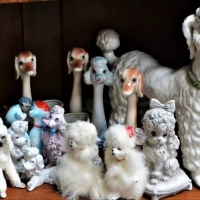 Group lot assorted vintage ceramic dog ornaments  - Poodles and Dachshund) related ceramic items incl salt and pepper shakers, statues, vases, etc - Sold for $56 - 2018