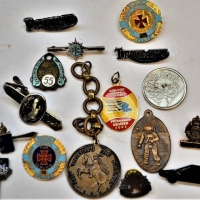 Group lot badges, etc incl 2 x silver tie bars, Siam Silver, embossed Apollo pendant, Triumph, Adelaide FC, Vic Police etc - Sold for $27 - 2018