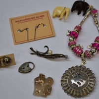 Group lot jewellery + incl Silver, Marcasite brooches, Pandora type bracelet with some silver charms, silver earrings, white stone Elephant pendant, h - Sold for $25 - 2018