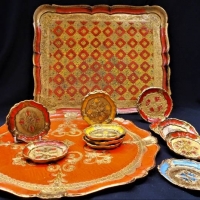 Group of 1960s Florentine wooden Trays 2  Large and group of small coasters - Sold for $31 - 2018