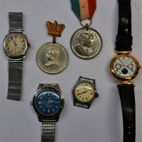 Group of watches and Medalions including 1897 Queen Victoria diamond jubilee and Edward the VII 1902 Coronation medallions - Sold for $25 - 2018