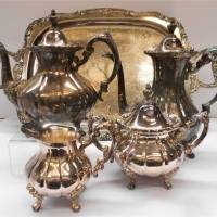 Large silverplated tray and tea set - Sold for $31 - 2018